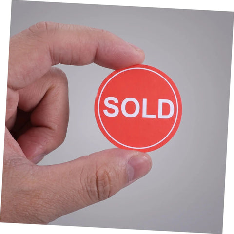 Red Round Self Adhesive Sold Stickers Two Inch Paper Labels For Retail Store And Warehouse Inventory Control Pricing Supplies 500 Pack With Strong Adhesion And Uniform Appearance For Clear Tagging And Easy Price Updates, held in hand