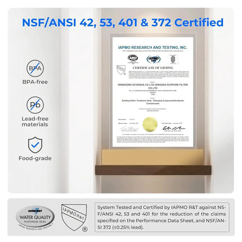 Certification of Mega Electric Water Filter Dispenser For Home Use, 27-Cup Capacity, NSF 42/53/401/372, BPA-free, lead-free.