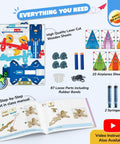 2in1 Hydraulic Paper Airplanes And Darts Launcher STEM Toy kit contents, including wooden sheets, airplane sheets, and manual