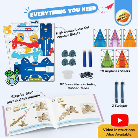 2in1 Hydraulic Paper Airplanes And Darts Launcher STEM Toy kit contents, including wooden sheets, airplane sheets, and manual