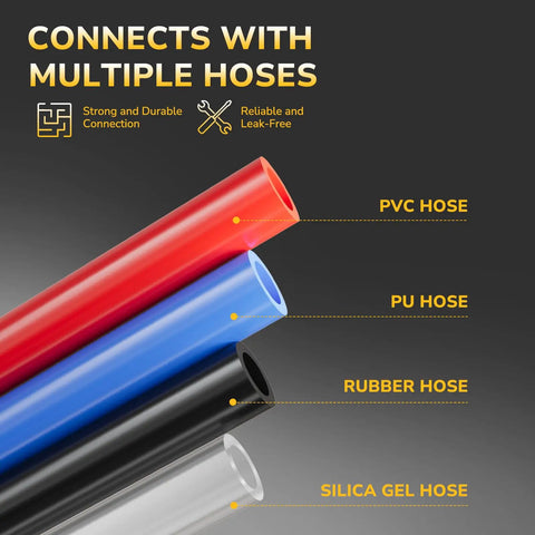 Image showing four colored hoses labeled PVC, PU, Rubber, and Silica Gel, compatible with Brass Go-To Hose Barb Tee Fitting Half Inch Three Way Union Connector For Air Water Fuel Systems Leak Resistant Includes Six Stainless Steel Clamps Two Pack Versatile Heavy Duty Inline Fitting.