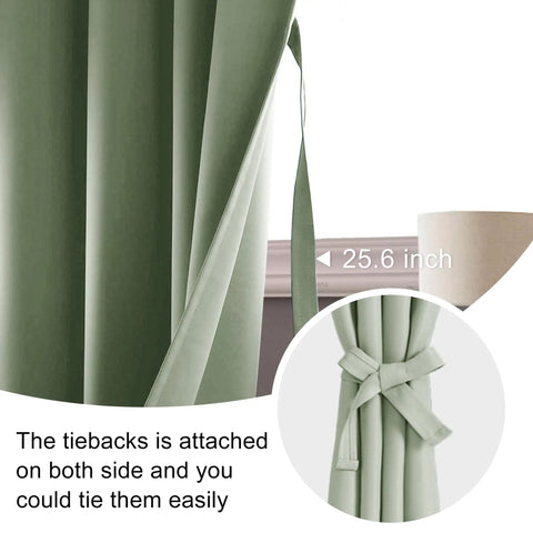 Close-up of Extra Wide 70x63 Inch Blackout Curtains Set Of 2 Panels With Tiebacks Rod Pocket Thermal Insulated Room Darkening Drapes in Light Green Color showcasing tieback and rod pocket.