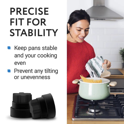 Woman cooking on stove with installed 20 Pack Rubber Grate Feet Replacement for Stoves and Ranges, Heat Resistant, focus on stability.