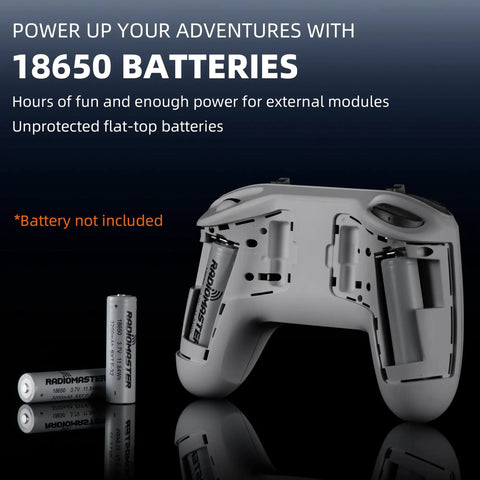 T8L ELRS 2.4GHz Radio Transmitter battery compartment with 18650 battery slots, no batteries included, USB C Charging, Gray