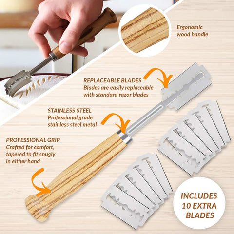 Straight Fire Sourdough Lame Scoring Blade with zebrawood handle and stainless steel blade for artisan bread making.