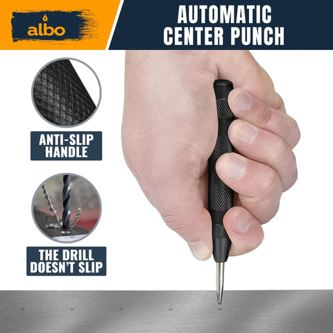 Hand holding Auto Center Punch Tool 5 Inch Spring Loaded Drill Punch For Metal Wood And Steel Heavy Duty Marking Blackened Finish