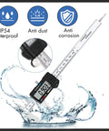 Digital Caliper With Stainless Steel Body, displaying LCD, floating in water, highlighting IP54 waterproof, anti-dust, anti-corrosion features.