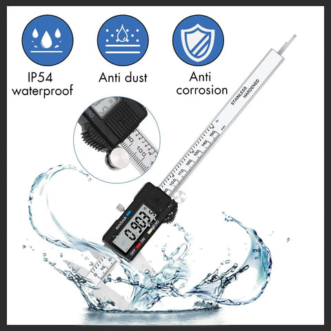 Digital Caliper With Stainless Steel Body, displaying LCD, floating in water, highlighting IP54 waterproof, anti-dust, anti-corrosion features.