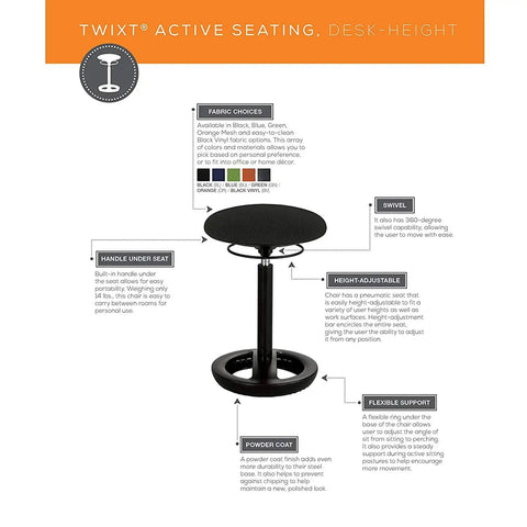 Twixt Active Movement Seating Chair With Ergonomic Support Desk Height Adjustable Comfy Orange Mesh Office Chair features diagram