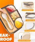 Hand holding Workhorse Four Compartment Bento Box for Adults, 1000ml Capacity, Drop Proof Lunch Container with labeled features