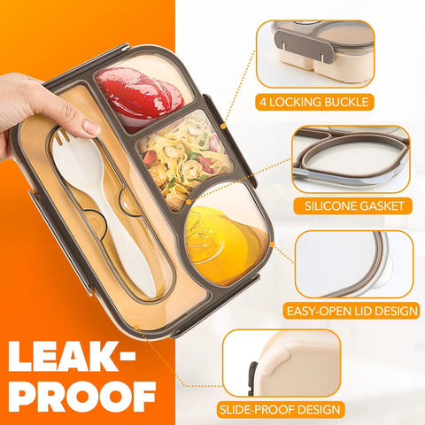 Hand holding Workhorse Four Compartment Bento Box for Adults, 1000ml Capacity, Drop Proof Lunch Container with labeled features
