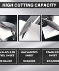 Three Pack Aviation Tin Snips For Cutting Metal Sheets With Heavy Duty CRV Steel Blades shown cutting various metal sheets