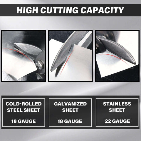 Three Pack Aviation Tin Snips For Cutting Metal Sheets With Heavy Duty CRV Steel Blades shown cutting various metal sheets