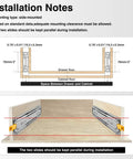 Installation notes for side-mounted heavy duty drawer slides with lock for cabinets and vans, showing slide positioning and clearance measurements.