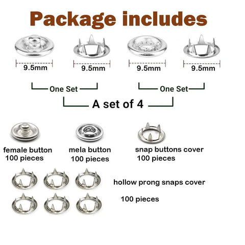 Dope Snap Button Kit With 100 Sets Metal Snaps And Fastener Pliers Press Tool For DIY Clothes Hats And Sewing Includes 400 Pieces In Clear Storage Box showing package contents of snap buttons and covers.