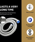 47 Inch Stainless Steel Bidet Hose Replacement Kit With Brushed Nickel Finish, displayed with connectors, tape, and washers.