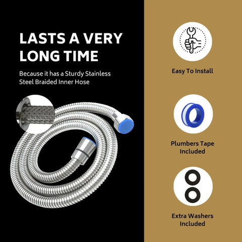 47 Inch Stainless Steel Bidet Hose Replacement Kit With Brushed Nickel Finish, displayed with connectors, tape, and washers.