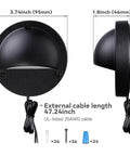 Detailed view of 12-Pack Low Voltage LED Deck Lights With 5 CCT Settings, 180LM Each, dimensions and cable shown.