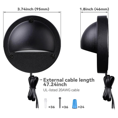 Detailed view of 12-Pack Low Voltage LED Deck Lights With 5 CCT Settings, 180LM Each, dimensions and cable shown.