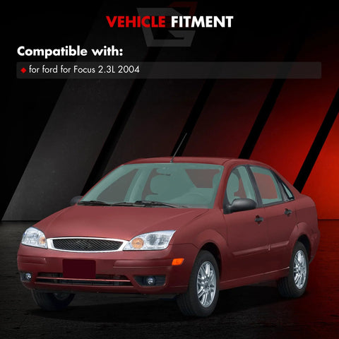 Front view of a red Ford Focus 2.3L 2004 sedan, compatible with Alternator 115 Amp 12V Replacement for Sedan and Wagon.
