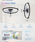 Diagram of 20 Inch Low Profile Ceiling Fan With Lights And Remote, Flush Mount Fandelier, RGB Mood Lighting dimensions and specs.