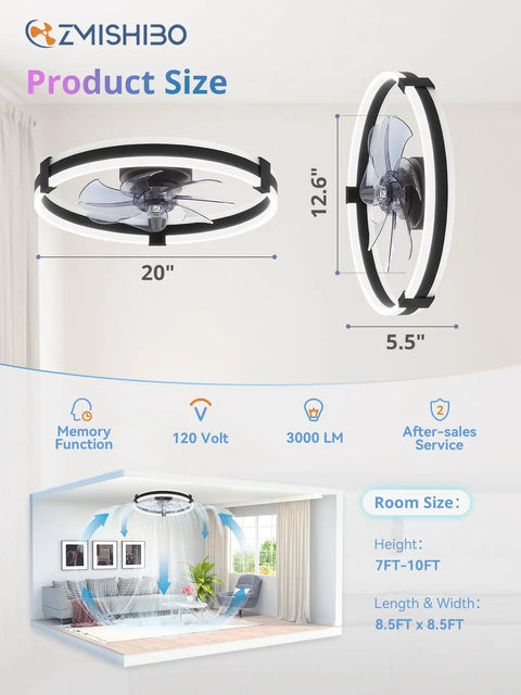 Diagram of 20 Inch Low Profile Ceiling Fan With Lights And Remote, Flush Mount Fandelier, RGB Mood Lighting dimensions and specs.