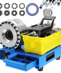 Heavy Duty Pneumatic Hydraulic Hose Crimper With Eight Interchangeable Dies For 3/8 To 1-1/4 Inch Hoses Pumping Out 40MPa showing yellow reservoir and grey metal components.