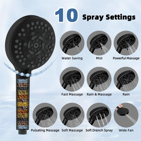 Diagram showing 10 spray settings of the 10 Inch Rainfall Filtered Shower Head With Handheld, High Pressure Matte Black Shower System