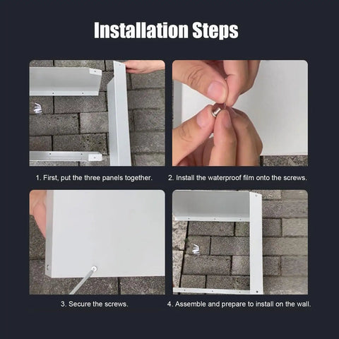 Installation steps for Tough As Nails Weatherproof EV Charger Cover with steel panels and waterproof film assembly.