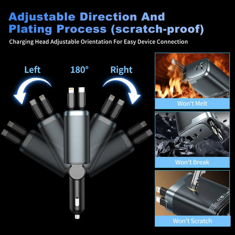 Retractable Car Charger 4 In 1 With USB C Fast Charge 84W showing 180 degree rotating plug and scratch-proof design details.