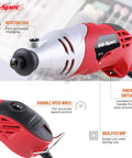 Powerful 170W Rotary Tool Kit with 121 Piece Dremel Compatible Bit Set, showing rotation lock and variable speed wheel