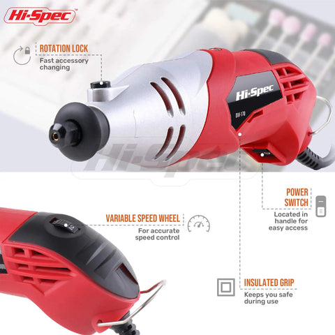 Powerful 170W Rotary Tool Kit with 121 Piece Dremel Compatible Bit Set, showing rotation lock and variable speed wheel