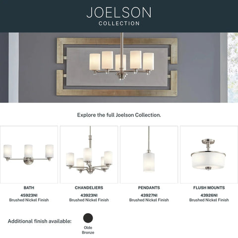 Display of Joelson Collection with spotlight on Sleek 3 Light Vanity Light With Satin Etched Opal Glass And Clear Glass Accents.