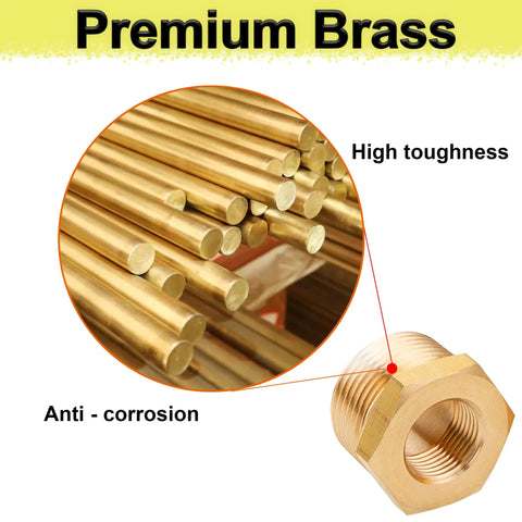 Brass reducer hex bushing, 3/4 in MNPT to 1/4 in FNPT, heavy-duty pipe fittings (2 pcs)