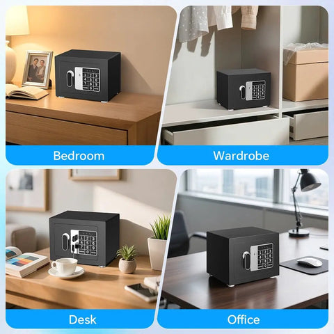 Tiny Home Safe With Electronic Keypad Lock For Cash Jewelry Passport Hidden Safe For Closet Dorm Room Black Portable Safe For Everyday Valuables For Easy Access in various locations like bedroom, wardrobe, desk, and office.