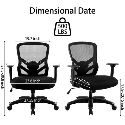 Big And Tall Office Chair Up To 500 Lbs With Adjustable Lumbar Support, ergonomic mesh design with dimensions.