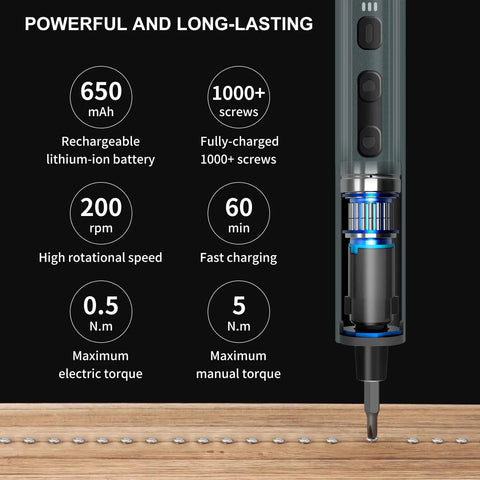 Boss Level Electric Screwdriver Tool Kit With 155 Precision Bits, featuring 650mAh battery, 200rpm speed, and adjustable torque.