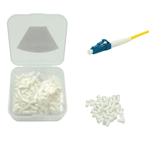 LC Fiber Optic Dust Caps 200 Pack 1.25mm Ends in snap lock case with loose caps and LC UPC cable end