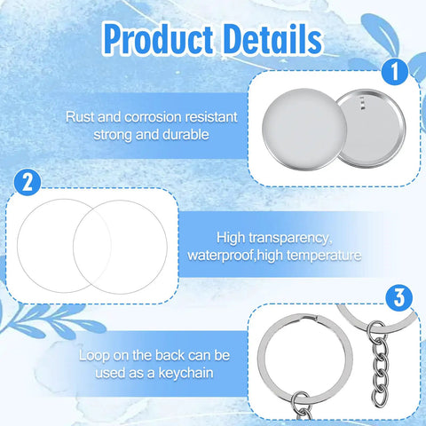 Product details of 100 Sets Button Maker Kit With 58mm Shells And 1.98 Inch Keychain Rings showing metal shells and keychain features.