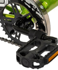Close-up of pedal and chain area on Growth Ready Kid Bike With 12 16 And 20 Inch Wheels, black accents, glossy green frame.