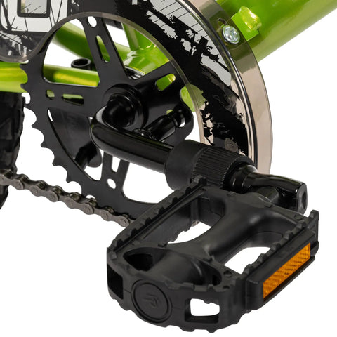 Close-up of pedal and chain area on Growth Ready Kid Bike With 12 16 And 20 Inch Wheels, black accents, glossy green frame.