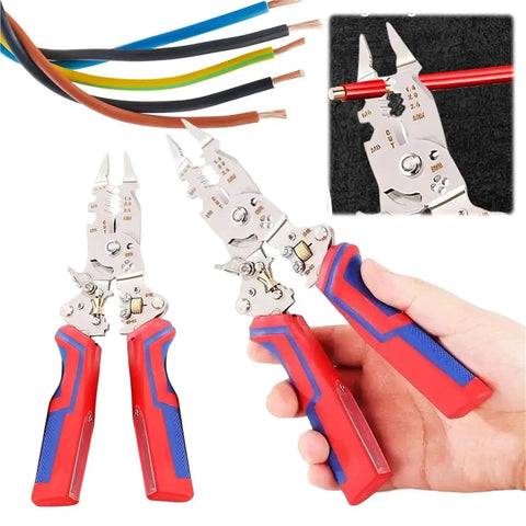 Close-up of 13-In-1 Foldable Wire Stripper With Voltage Tester Electric Cable Cutter Scissors for Cutting and Pulling Wires.