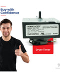 Man holding thumbs up next to GE Dryer WE4M532 Timer Replacement Part for WE4M362 3029573 PS8746223 with visible labels.