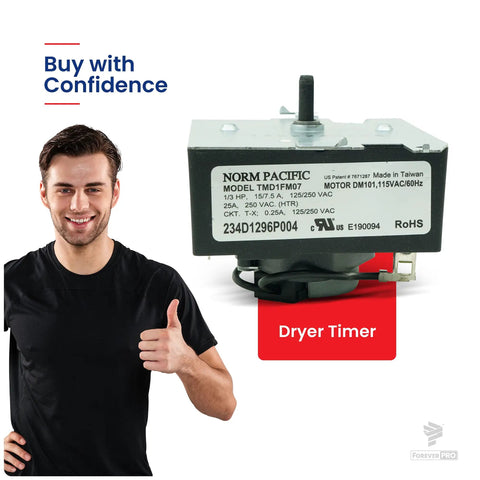 Man holding thumbs up next to GE Dryer WE4M532 Timer Replacement Part for WE4M362 3029573 PS8746223 with visible labels.