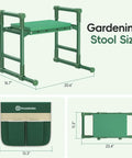 Garden Kneeler And Seat With Anti Tip Extendable Legs Foldable Portable Garden Stool With Two Tool Bags Thick Soft Kneeling Pad Great Gift For Women Men Seniors Deep Green, showing dimensions and tool bag.