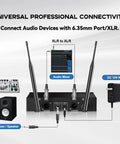 4 In 1 Wireless Lavalier Headset Microphone System with Dual UHF Transmitters connectivity diagram showing XLR and 6.35mm outputs.