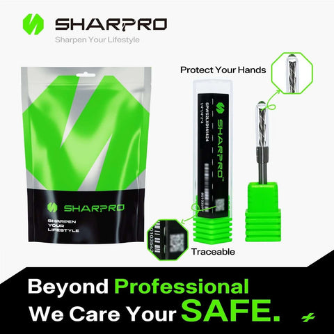 Sharpro 1/4-in downcut spiral router bit with 1/4-in shank beside green/black packaging bag