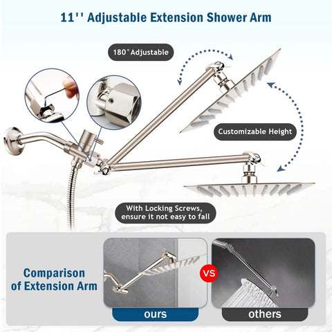 Brushed Nickel Dual Shower Head System With 12-Inch High-Pressure Rain Head And 6-Setting Handheld Combo, Built-In Power Wash, 11-Inch Extension Arm And 60-Inch Hose, Height And Angle Adjustable For A Next-Level Bathroom Upgrade