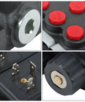 Close-up of four spool 12V DC hydraulic solenoid control valve components, suitable for dump trailers and snow plows.