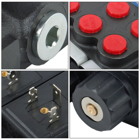 Close-up of four spool 12V DC hydraulic solenoid control valve components, suitable for dump trailers and snow plows.